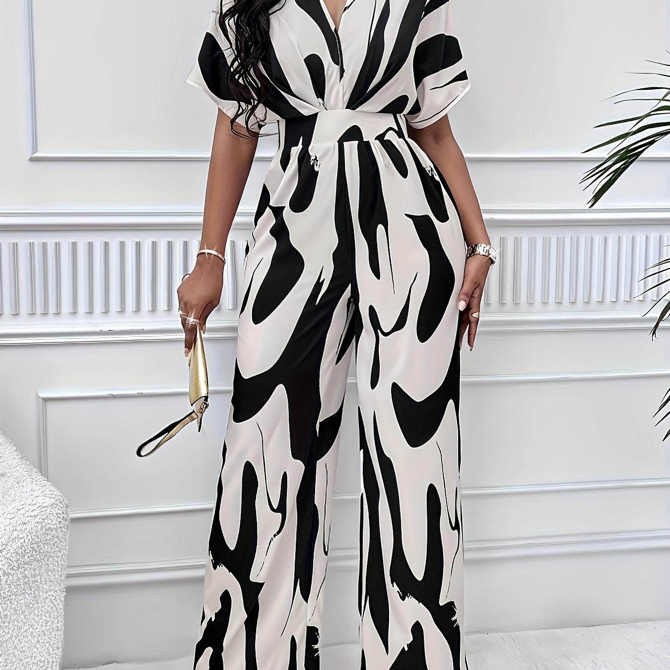 Chic V-Neck Jumpsuit - Allover Print, Short Sleeve, Wide-Leg Design for Sophisticated Casual Wear