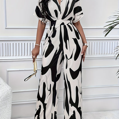 Chic V-Neck Jumpsuit - Allover Print, Short Sleeve, Wide-Leg Design for Sophisticated Casual Wear