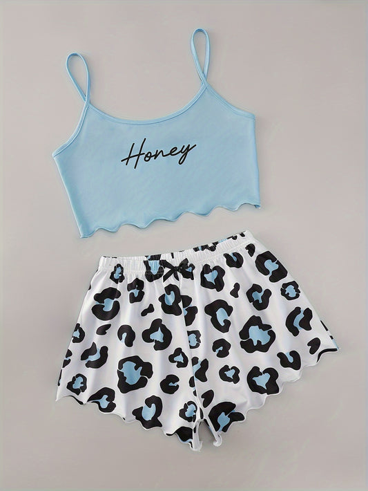 Sexy Leopard & Letter Print Pajama Set - Relaxed Fit, Round Neck, Backless Crop Cami Top, Shorts, Comfortable, Soft Fabric, Sleepwear for Women