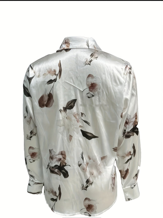 Women's Elegant Floral Print Long Sleeve Shirt - Soft Collar Blouse with Button Front, Machine Washable H-Silhouette Top for Autumn/Winter, Casual & Professional Outfits, Autumn Fashion, Easy Care, Buttonup Shirt, Stylish Wom