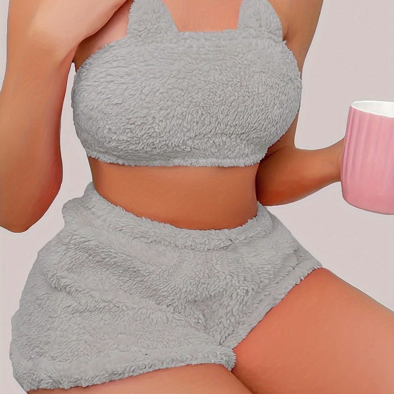 Sexy Solid Plush Lounge Set, Tube Crop Top & Elastic Shorts, Women's Loungewear for fall & winter