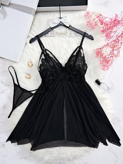 Seductive Floral Lace Slip Nightdress - Sheer Mesh, Adjustable Straps, Asymmetric Hem - Backless V Neck Mini Dress with Matching Thongs - Soft, Breathable Womens Sleepwear Set