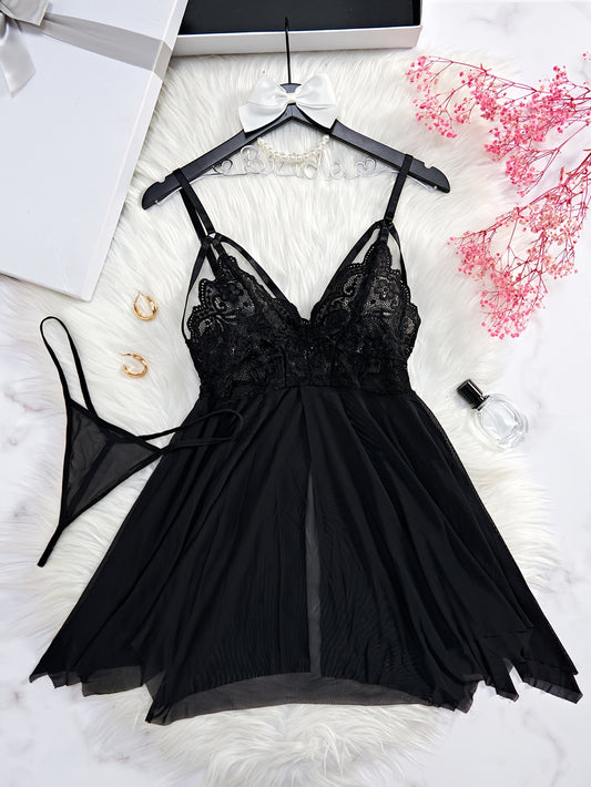 Seductive Floral Lace Slip Nightdress - Sheer Mesh, Adjustable Straps, Asymmetric Hem - Backless V Neck Mini Dress with Matching Thongs - Soft, Breathable Womens Sleepwear Set