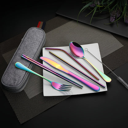 8pcs Portable Utensils, Travel Camping Cutlery Set, Knife Fork Spoon Chopsticks Cleaning Brush Straws Portable Case, Stainless Steel Flatware Set