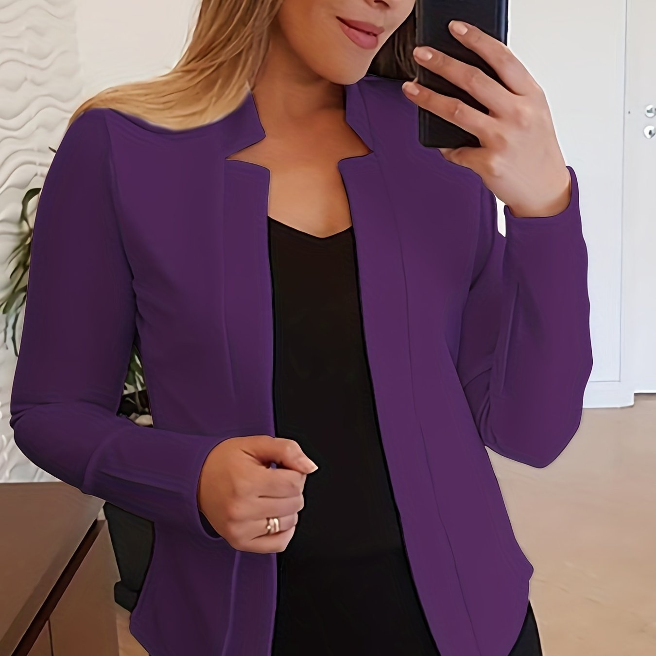 Solid Open Front Blazer, Casual Long Sleeve Blazer For Office & Work, Women's Clothing