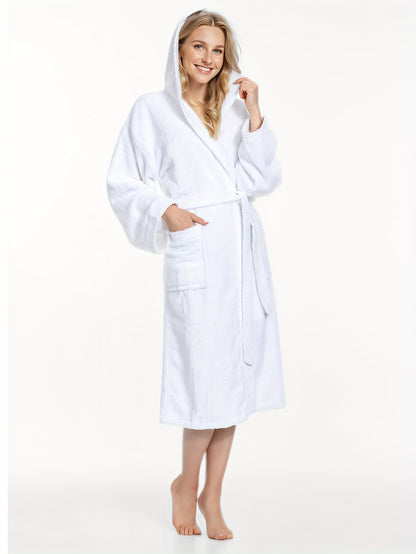 Elegant Polyester Hooded Dressing Gown for Women - Casual Long Sleeve Solid Color Lounge Robe with Belt, Flannel Winter Sleepwear with Hood, Knit Fabric, Warm Plush Lined Bathrobe for Fall/Winter