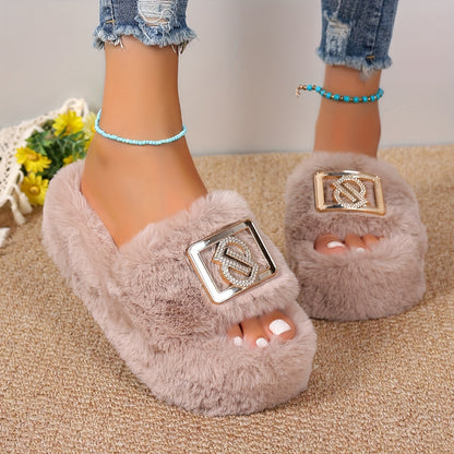 Women's Plush Slippers with Metallic Buckle - Thick Sole, Faux Furry Material, Black/Brown/Grey, Comfortable Indoor Shoes for All Seasons, House Slippers