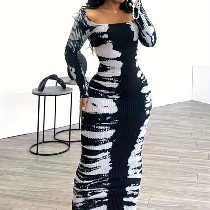 Chic Off-Shoulder Geometric Print Dress with High Slit - Stretchy Polyester & Spandex Blend, Machine Washable - Perfect for Fall/Winter