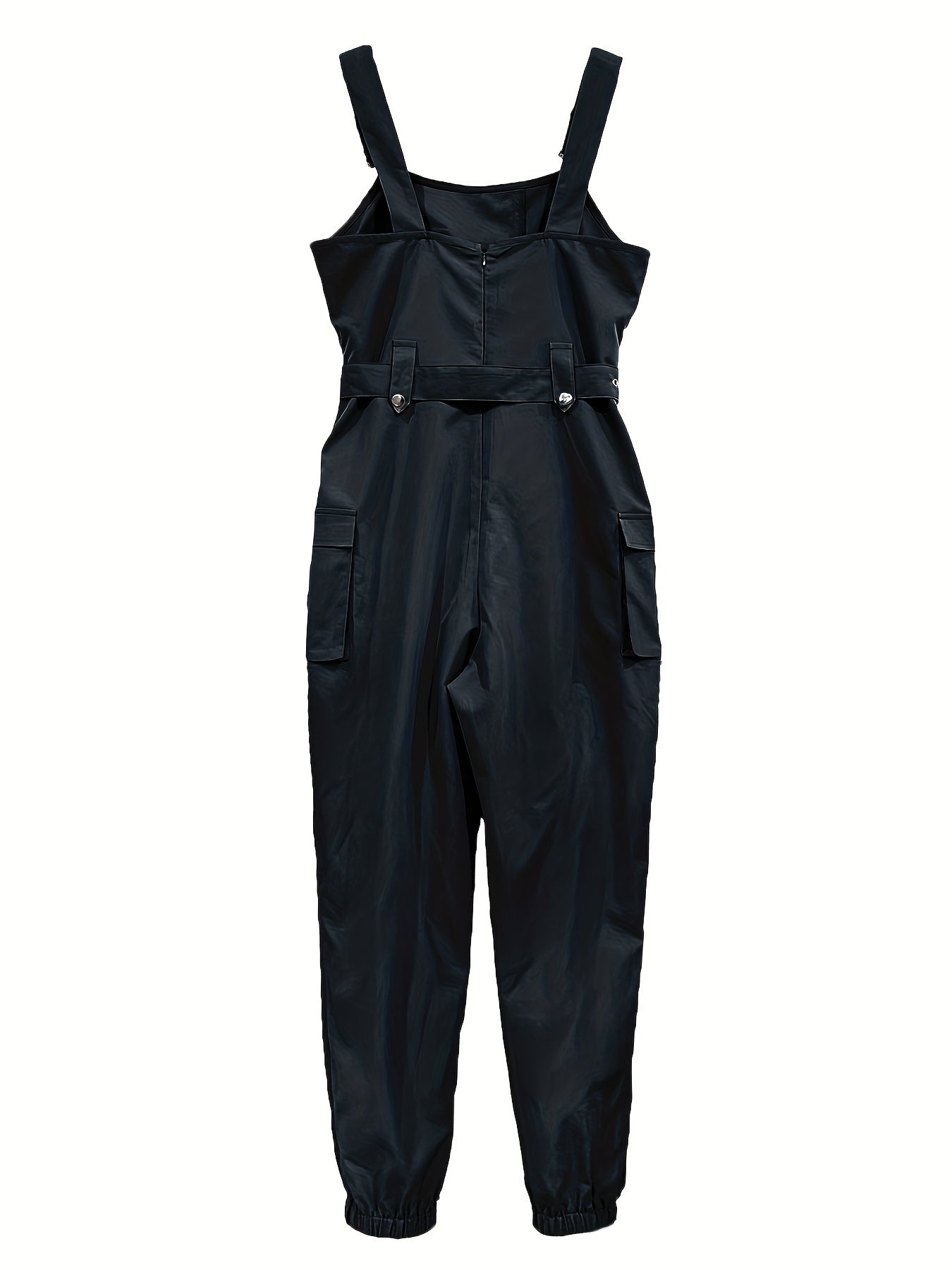 Solid Flap Pocket Cargo Jumpsuit, Casual Sleeveless Belted Flap Detail Jumpsuit, Women's Clothing