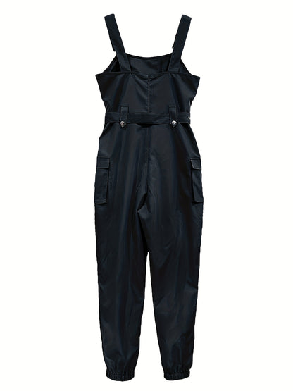 Solid Flap Pocket Cargo Jumpsuit, Casual Sleeveless Belted Flap Detail Jumpsuit, Women's Clothing