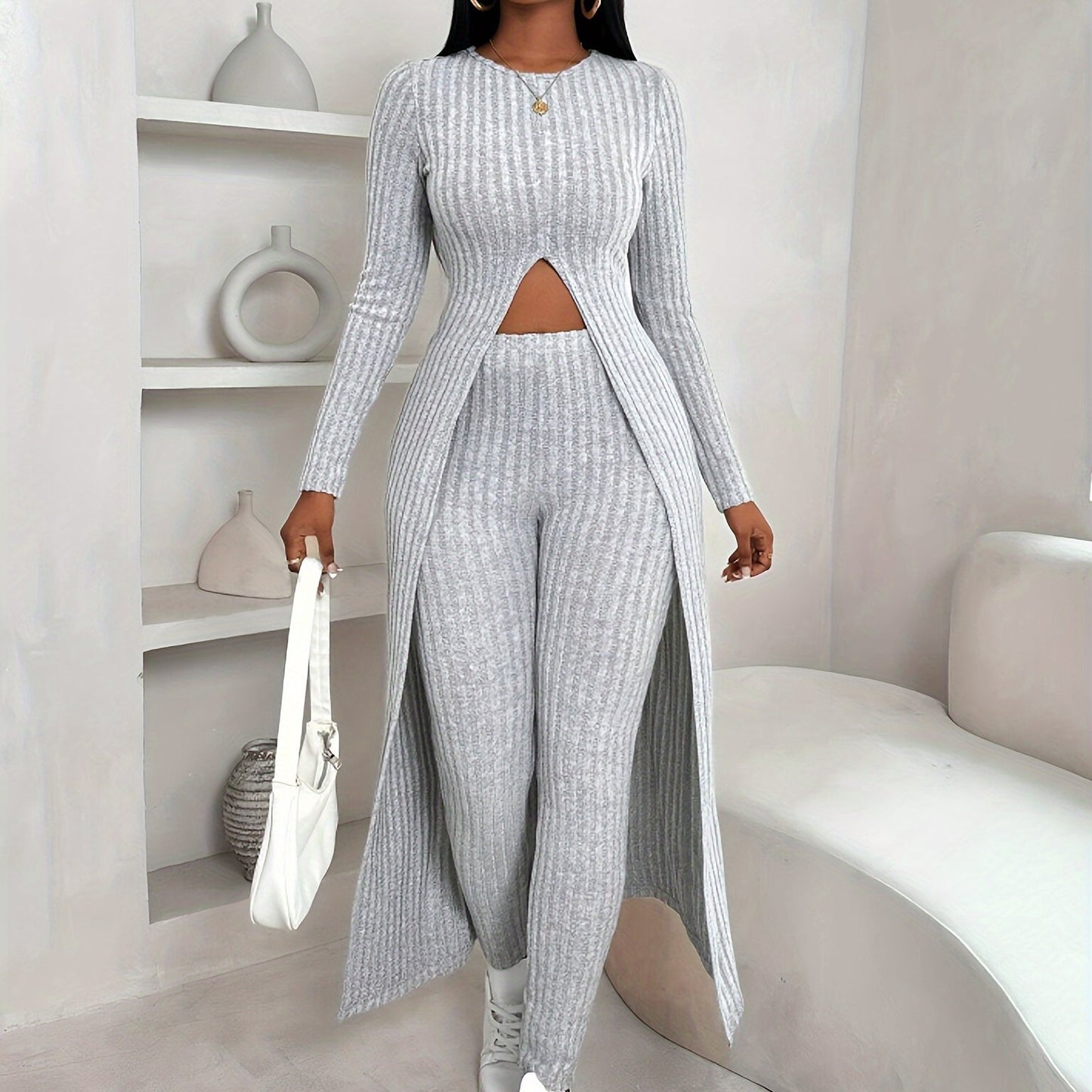 Chic Two-Piece Set for Women - Stylish Long Sleeve Crop Top & High-Waist Pants with Stretchy Polyester Fabric, Machine Washable, Comfortable, and Versatile for Daily Wear - Ideal for Office, Party, or Casual Outings