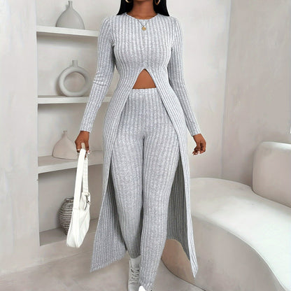 Chic Two-Piece Set for Women - Stylish Long Sleeve Crop Top & High-Waist Pants with Stretchy Polyester Fabric, Machine Washable, Comfortable, and Versatile for Daily Wear - Ideal for Office, Party, or Casual Outings