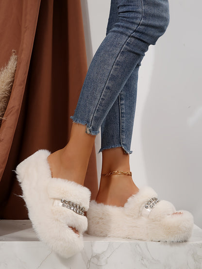 [Sparkling Rhinestone Slippers] Plush Faux Fur Sparkling Rhinestone-Decorated Slippers | Women's Slip-On with Thick Cushioned Rubber Sole & Sloped Heel | All-Season Indoor House Shoes for Warmth & Comfort (Black/Grey/White)