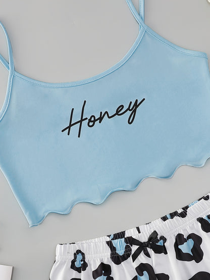 Sexy Leopard & Letter Print Pajama Set - Relaxed Fit, Round Neck, Backless Crop Cami Top, Shorts, Comfortable, Soft Fabric, Sleepwear for Women