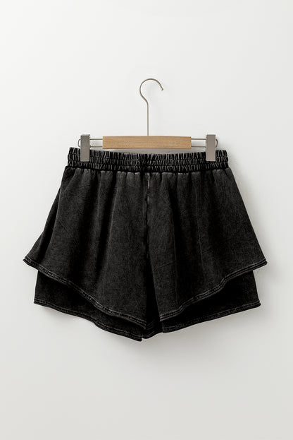 Black Mineral Wash French Terry Drawstring Elastic Waistband Casual Shorts