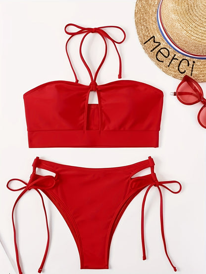 Solid Color Sexy 2 Piece Set Bikini, Halter Neck Tie Side High Cut Swimsuits, Women's Swimwear & Clothing