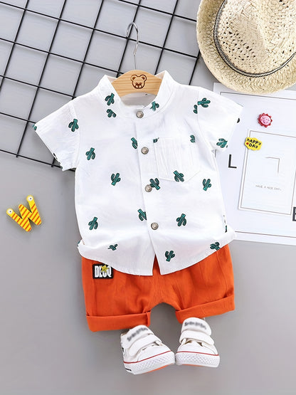 2pcs Toddler Dinosaur Print Short Sleeve Shirt & Shorts Set - Boys Summer Clothes, Elastic Waist, Button Front, Short Sets