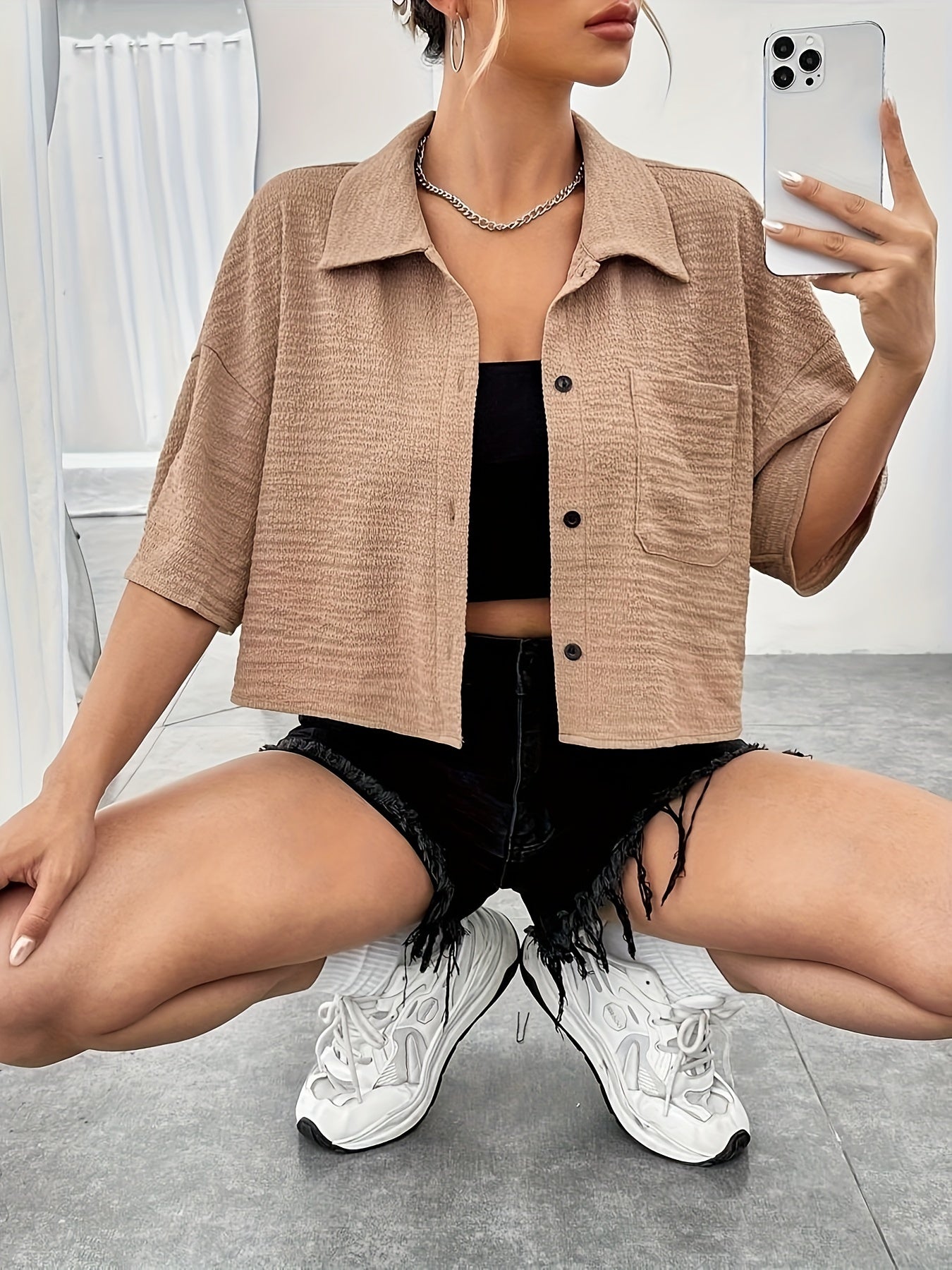 Button Front Crop Blouse, Casual Short Sleeve Blouse For Spring & Summer, Women's Clothing