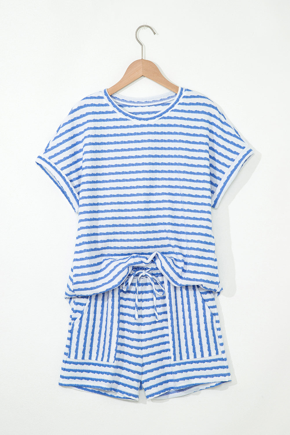 Sky Blue Stripe Knitted Short Sleeve Top and Drawstring Shorts Set
