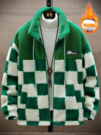 Men's Warm Thick Fleece Coat, Palid Cardigan Overcoat For Fall Winter