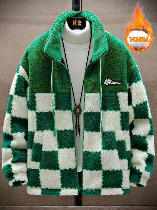 Men's Warm Thick Fleece Coat, Palid Cardigan Overcoat For Fall Winter