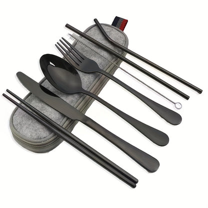 8pcs Portable Utensils, Travel Camping Cutlery Set, Knife Fork Spoon Chopsticks Cleaning Brush Straws Portable Case, Stainless Steel Flatware Set