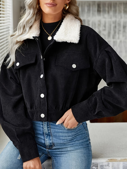 Button Front Fuzzy Lapel Jacket, Casual Long Sleeve Crop Jacket For Fall & Winter, Women's Clothing
