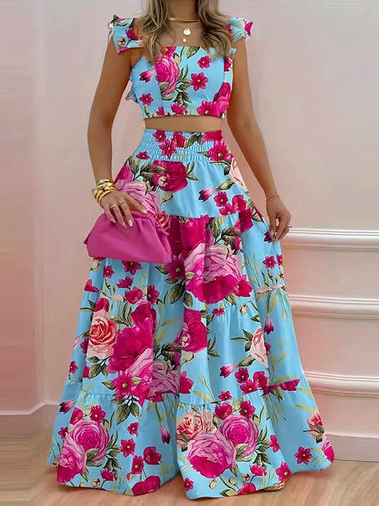Vacation Style Floral Print Two-piece Set, Ruffle Trim Crop Top & High Waist Swing Skirt Outfits, Women's Clothing