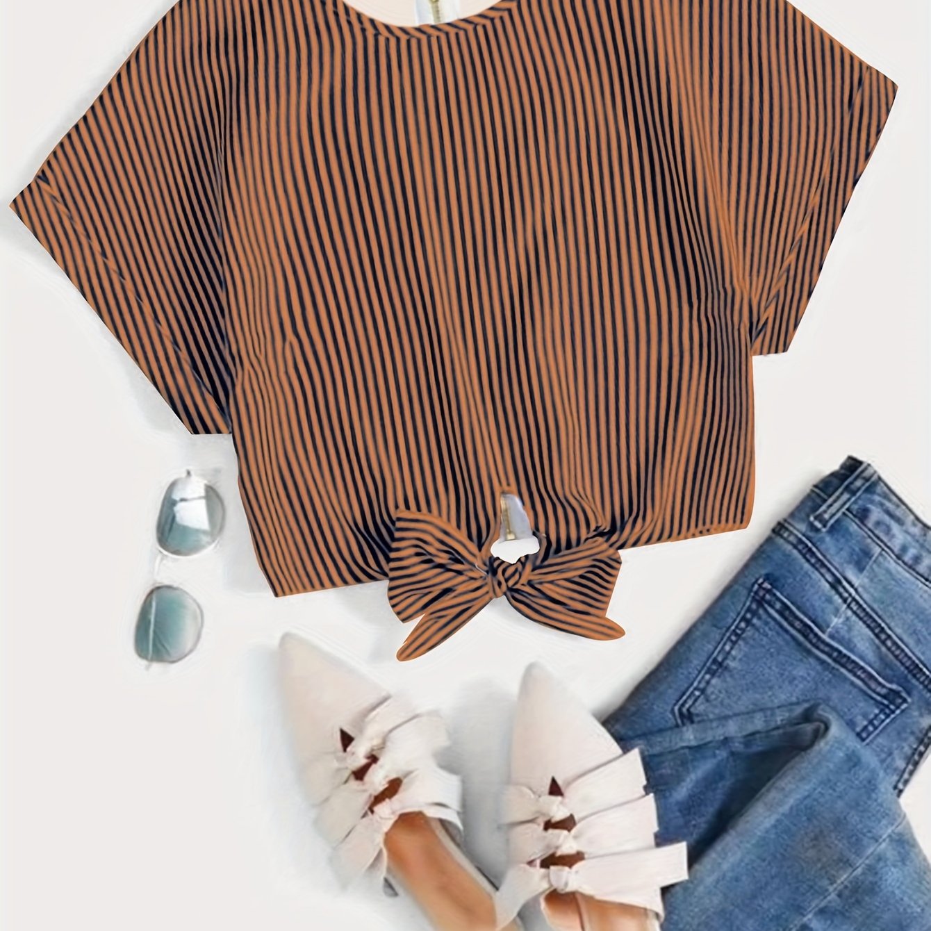 Striped Zip Up Knotted Blouse, Elegant Short Sleeve Crop Top For Spring & Summer, Women's Clothing