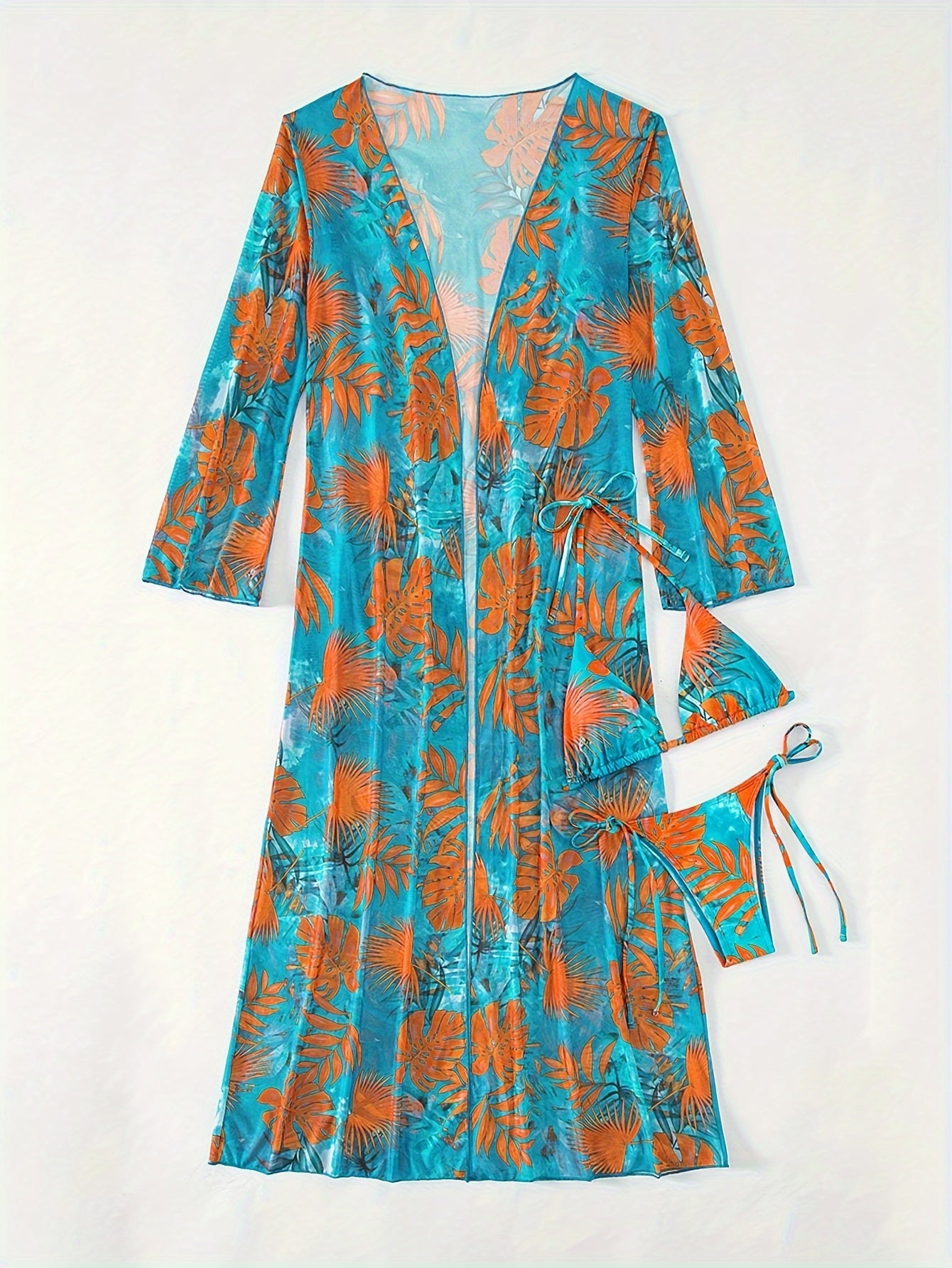 3 Piece Leaf Print Ruffled Tie Back Triangle Bikini Set - Stylish Women's Swimwear with Cover Up, Comfortable and Flattering Design - Perfect for Beach and Pool Time