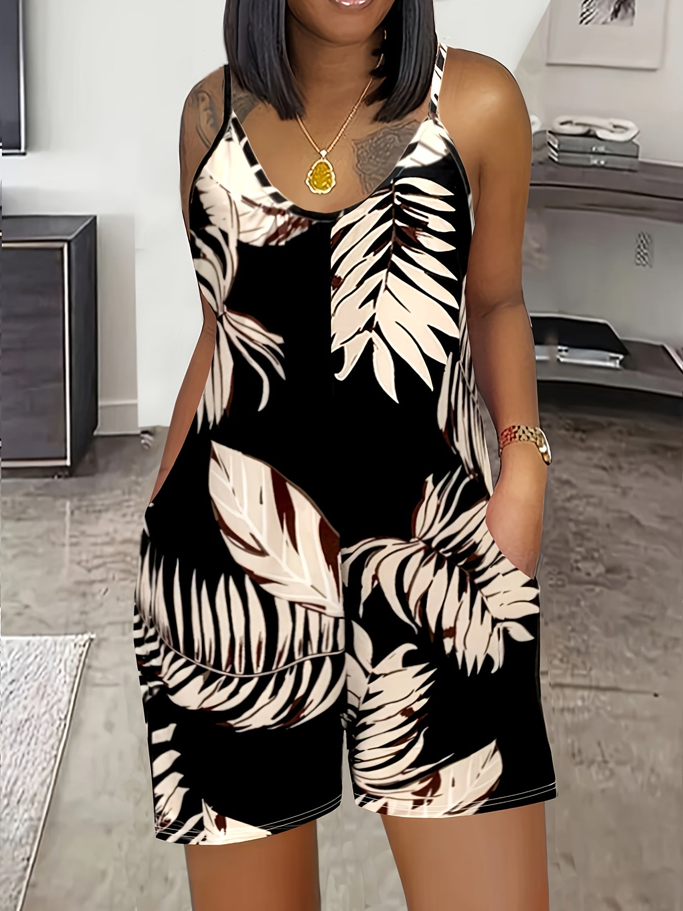 Tropical Plants Print Cami Romper - Vibrant Crew Neck Jumpsuit with Pockets - Effortless Sleeveless Style for Womens Vacation Wear