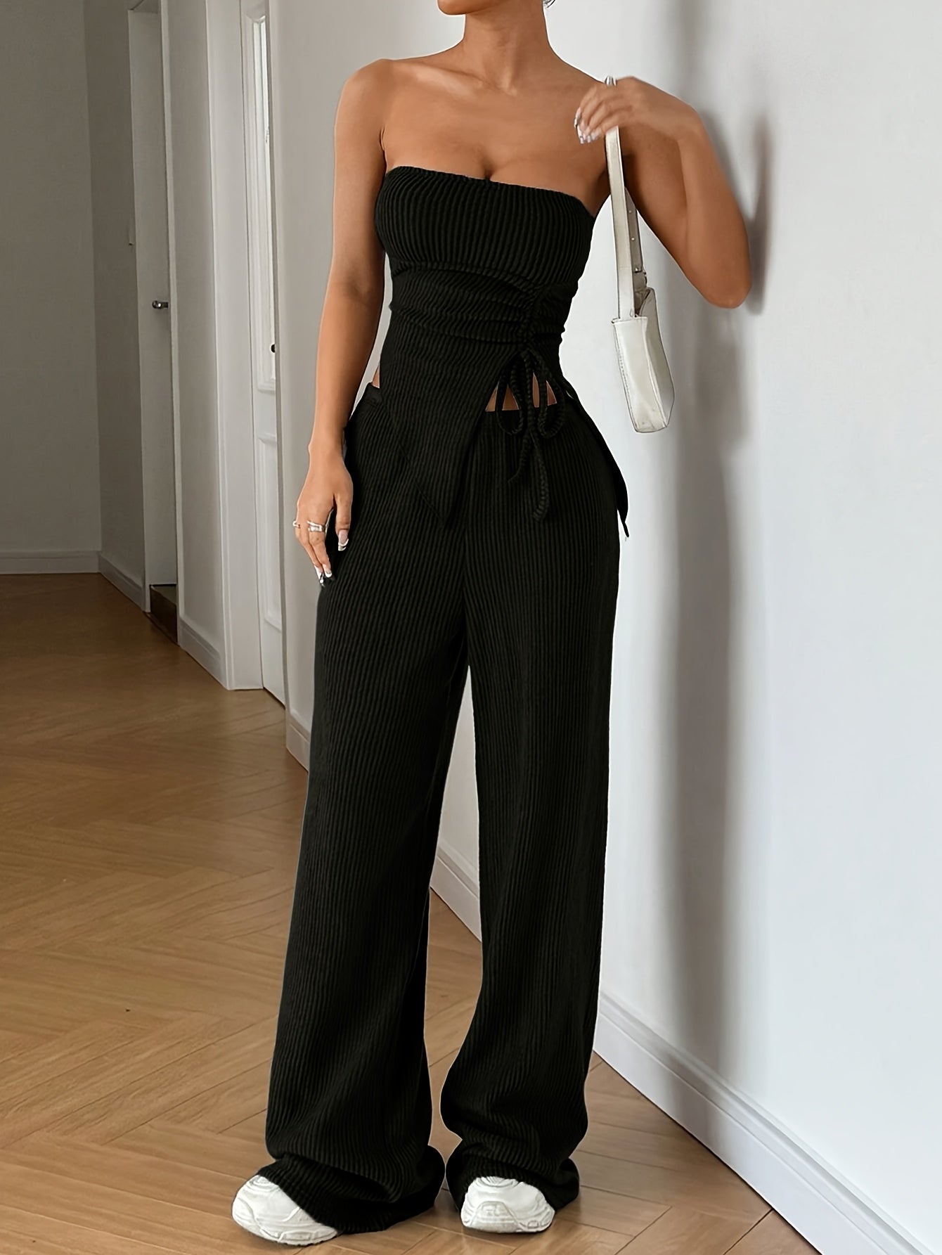 Women's Summer Fashion Outfit - Solid Color Crop Top and Pants, Side Drawstring, Comfortable for Casual Wear