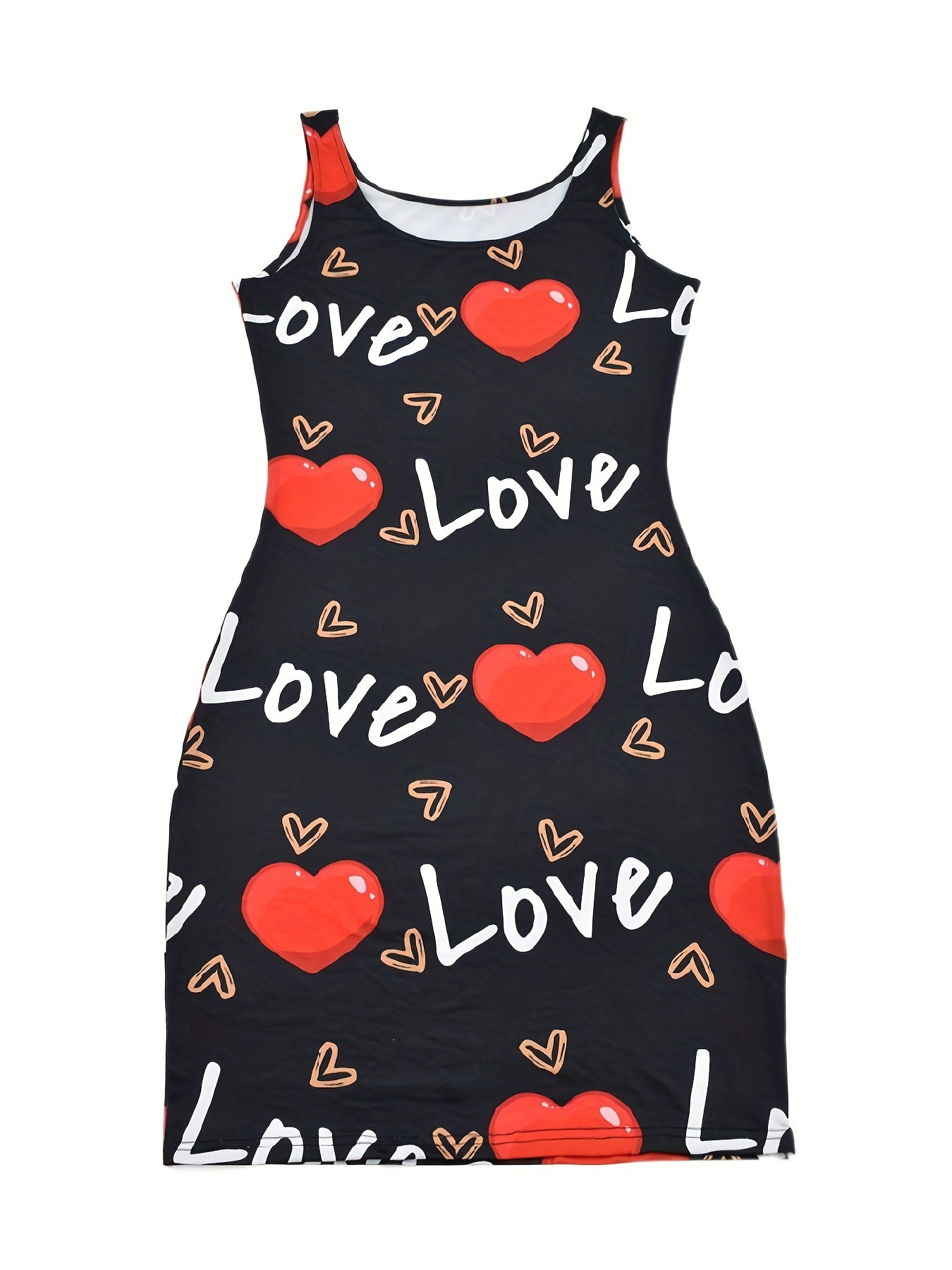 Heart & Letter Print Tank Dress, Casual Sleeveless U Neck Slim Dress, Women's Clothing