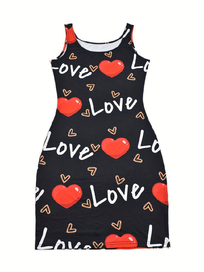Heart & Letter Print Tank Dress, Casual Sleeveless U Neck Slim Dress, Women's Clothing