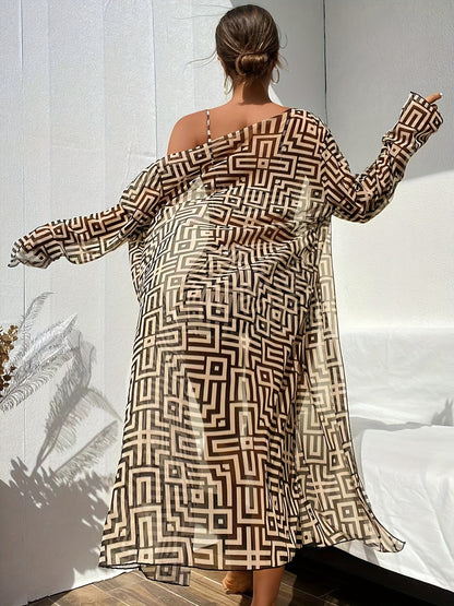 Women's Geometric Print Three-Piece Swimsuit Set with Long Sleeve Beach Cover-Up, Polyester Knit Fabric with Elastane, Medium Stretch, Chic Bikini Set for Swimming and Beachwear