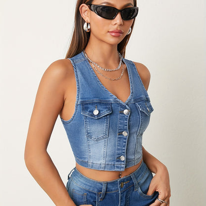 Stylish Sleeveless Denim Jacket Vest - Women's Clothing - Fashionable Streetwear, Button Closure, Washed Blue, Sexy, Summer Wear, Casual Outing, Versatile, Chic, and Trendy