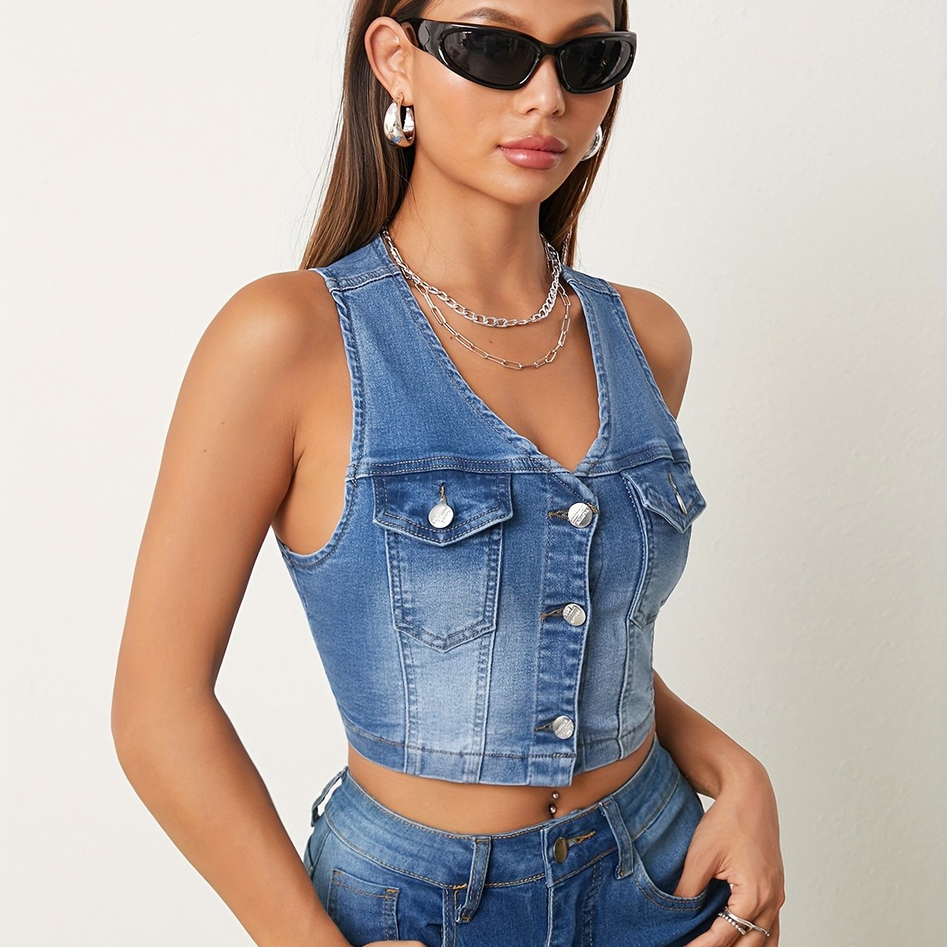 Stylish Sleeveless Denim Jacket Vest - Women's Clothing - Fashionable Streetwear, Button Closure, Washed Blue, Sexy, Summer Wear, Casual Outing, Versatile, Chic, and Trendy