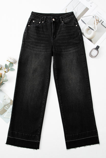 Black Raw Hem Unique Cuffs Straight High Rise Loose Jeans