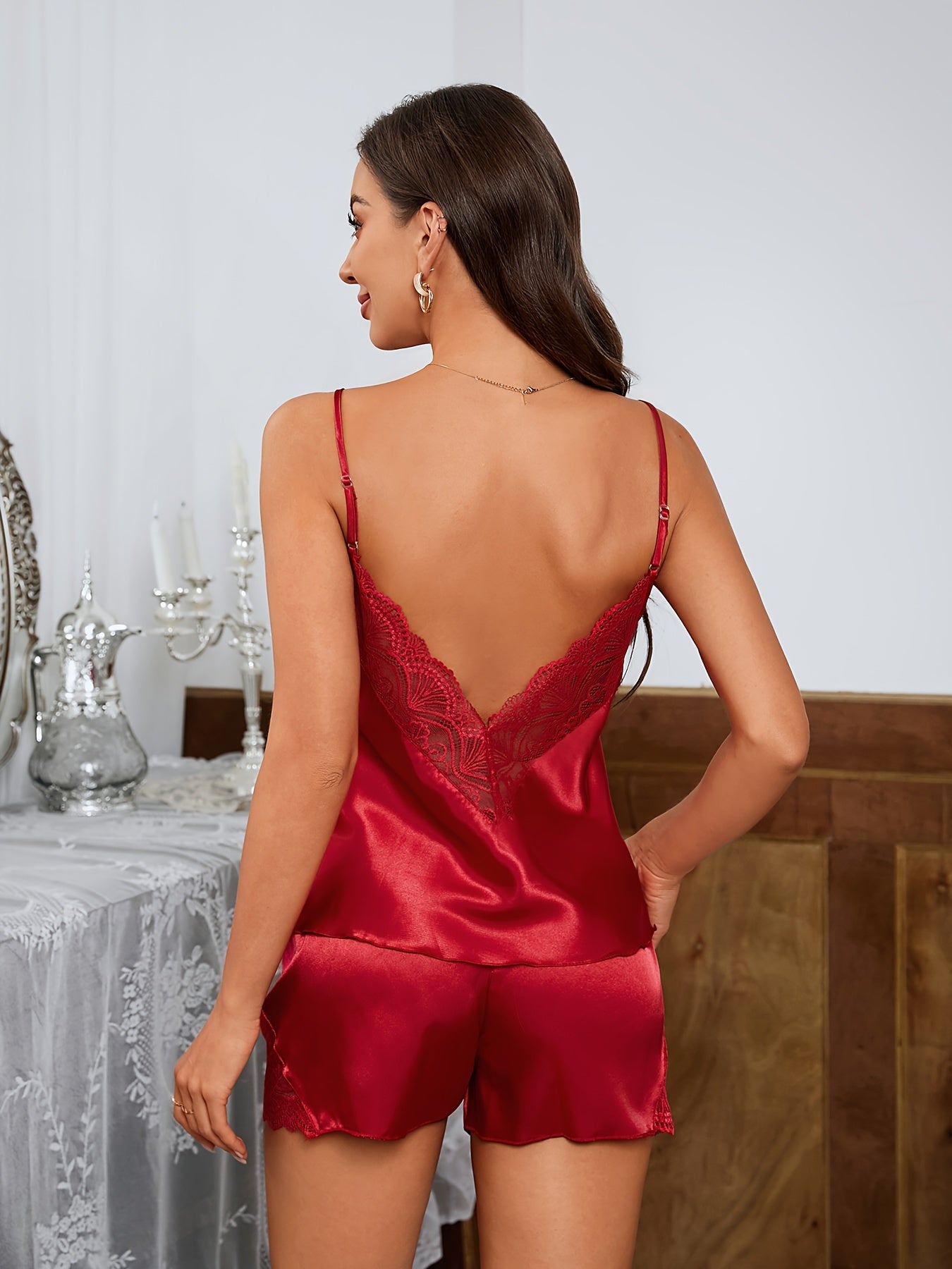 Seductive Solid Satin Pajama Set with Lace Detail - Alluring V Neck Cami & Elastic Shorts - Womens Backless Sleepwear for Chic Comfort