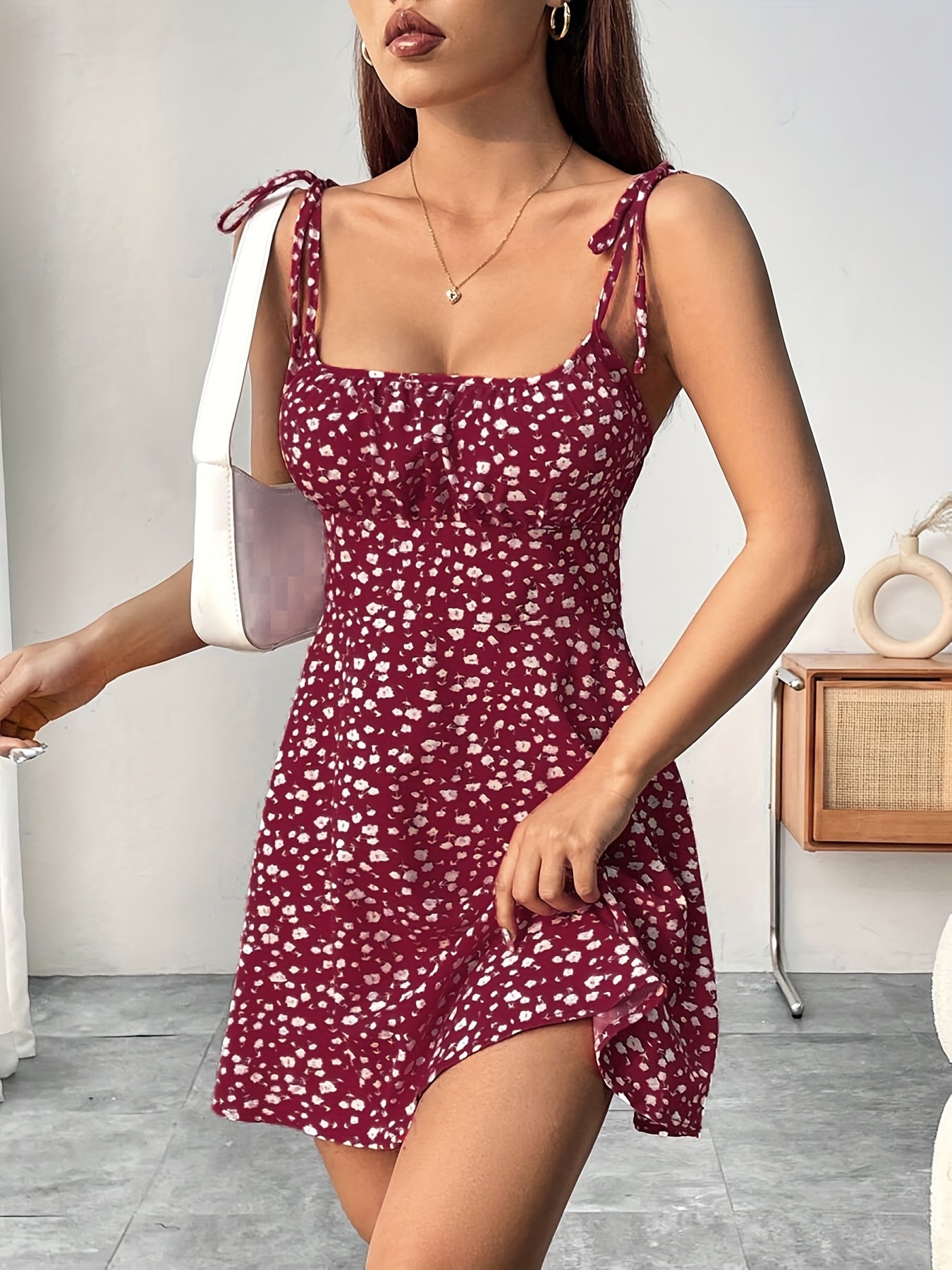 Elegant Floral Print Stretch Waist Cami Dress - Sleeveless Ruffled Hem Midi Dress for Women, Yellow & Pink Floral Pattern, Perfect for Casual Outings