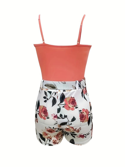 Chic Womens Floral Print Two-piece Outfit - Lightweight & Comfortable Casual Set with Surplice Cami Top & Belted Shorts for Spring & Summer