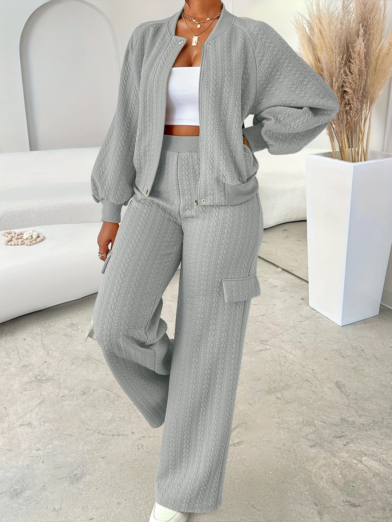 Women'S Casual Chic Two-Piece Set, Solid Color Long Sleeve Zippered Jacket and Straight-Leg Pants, Polyester 95% Elastane 5% Knit Fabric, Crew Neck, Fall/Winter Collection