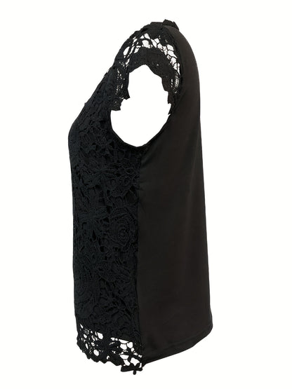 Solid Lace Short Sleeve Top, Versatile Blouse For Spring & Summer, Women's Clothing