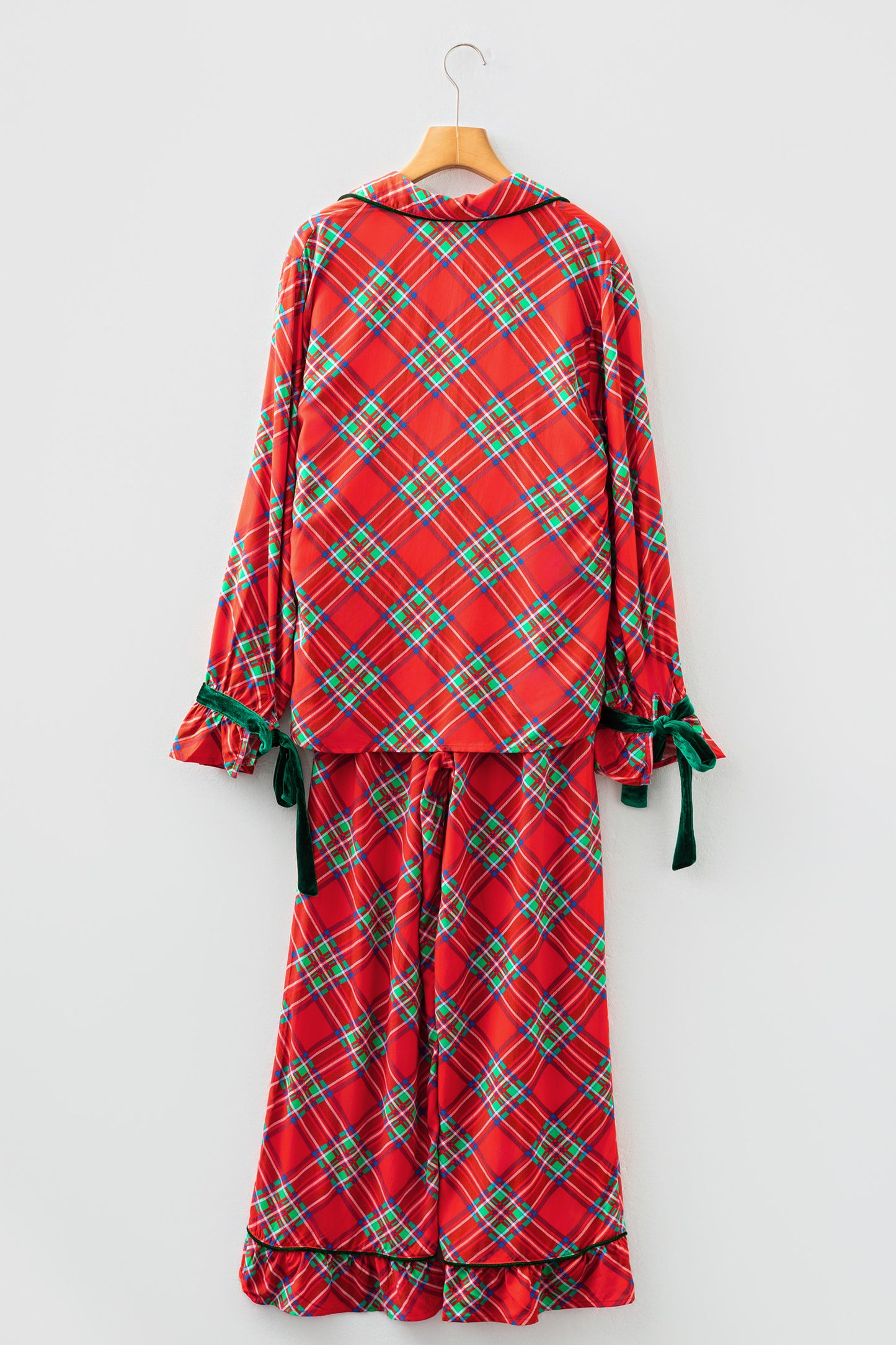 Fiery Red Christmas Plaid Satin Pajama Set with Contrast Velvet Ties