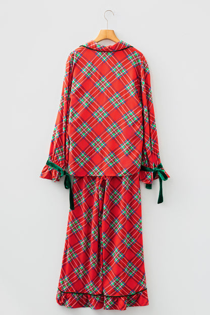 Fiery Red Christmas Plaid Satin Pajama Set with Contrast Velvet Ties