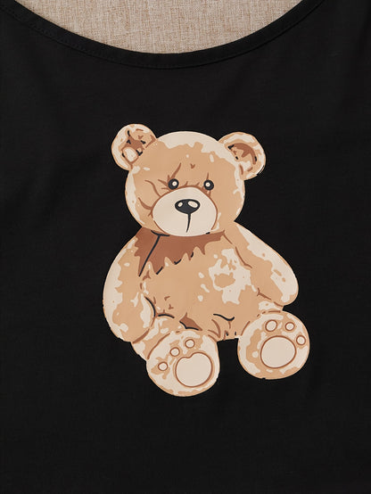 3 Sets Cartoon Print Pajama Set - Ultra-Relaxed Fit, Vibrant Print, Crew Neck Cami Top, Elastic Shorts - Womens Sleepwear & Loungewear with Lettuce Trim for Ultimate Comfort