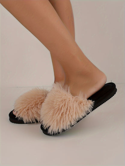 Elegant Women's Faux Fur Slippers - Winter Plush Open Toe Slip-On House Slippers with EVA Sole - Solid Color Fluffy Indoor Cotton Slides - Cixi Production Area