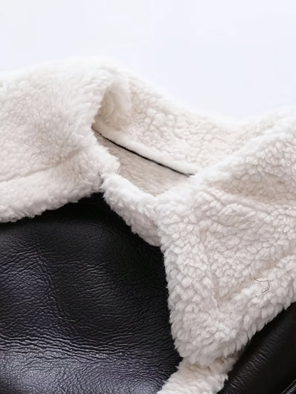 Women'S Elegant Teddy Lined Jacket with Turnover Sleeves, Zipper Closure, and Moto-Inspired Design - Vintage Streetwear Collar, Perfect for Fall/Winter