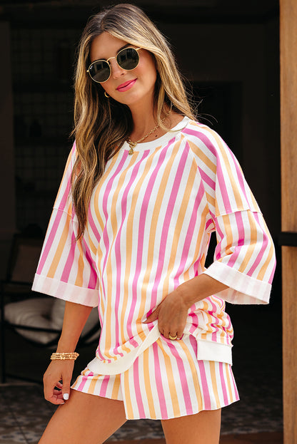 Pink Stripe Drop Shoulder Half Sleeve Loose Tee and Shorts Casual Set