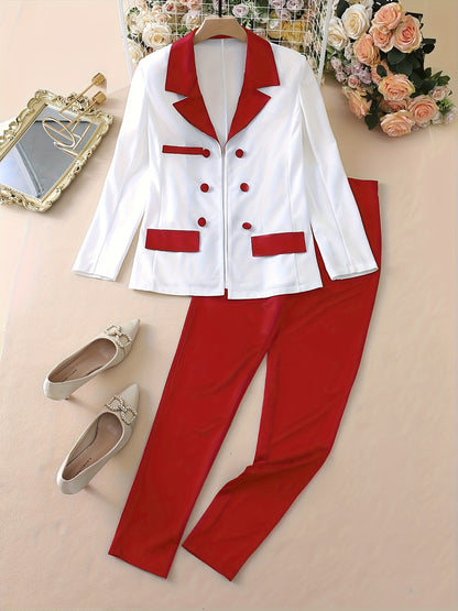 Color Block Two-piece Set, Casual Button Front Blazer & Straight Leg Pants Outfits, Women's Clothing